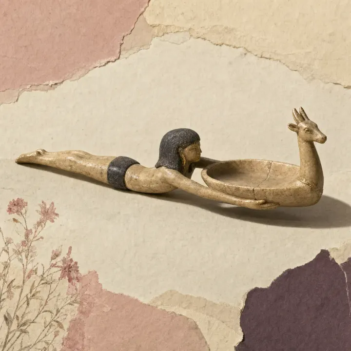 A carved Egyptian spoon in pale stone: a figure swimming at full stretch, legs straight out behind, a dark stone band at the hips and a dark wig, arms reaching forward to hold a shallow round dish that ends in the raised head and horns of a gazelle, a hairline crack across the dish.