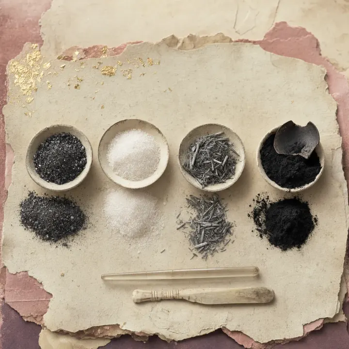 Four eye paints set out as specimens: coarse grey-black lead ore, chalk-white crystals of a manufactured lead compound, silvery needles of antimony, and loose black lamp soot beside the plate it was gathered from.