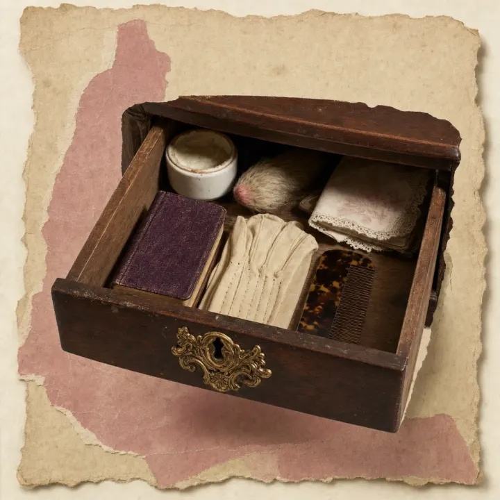 A closed dressing-table drawer pulled open just far enough to show a plain pot of complexion cream, a hare’s-foot and a folded handkerchief pushed to the back behind a prayer book and a pair of gloves.
