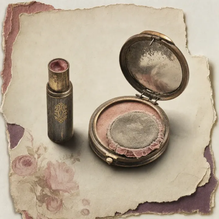 A much-used lipstick worn down to a shallow stub in a case rubbed bare of its gilding, beside a compact whose hinge has been repaired with a pin and whose puff has been washed thin.