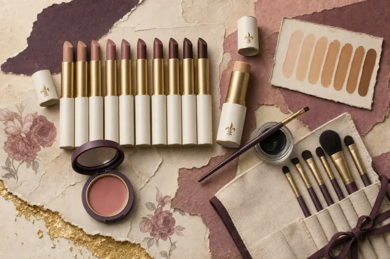 An overhead collage of ten unbranded lipsticks standing in a row, their shades running from pale nude through rose-brown to deep cocoa, beside a beige foundation stick, a card of skin-tone swatches from light to deep, a pot of black gel liner with a fine brush, a compact of rose cream blush and a canvas roll of brushes, on torn parchment with a gold-leaf edge.