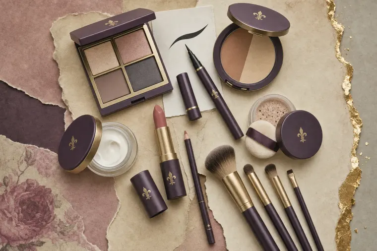 An overhead collage of the makeup for one complete look in unbranded plum cases with gold fleur-de-lis emblems: a four-shade eyeshadow quad in champagne, rose, taupe and smoky grey, a liner pen beside a painted winged flick on a card, a nude-pink lipstick with its liner, a jar of white cream, a two-tone bronze and gold compact, loose powder with a puff and four brushes, on torn parchment with a gold-leaf edge.