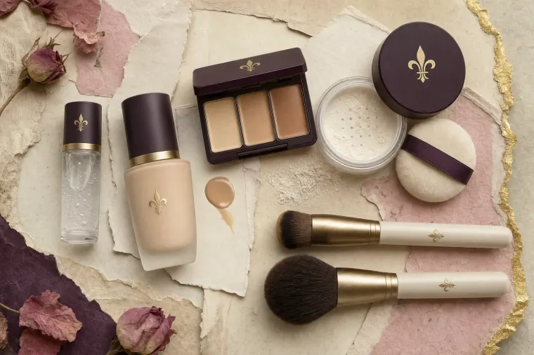 An overhead collage of unbranded complexion makeup in plum and ivory cases with gold fleur-de-lis emblems: a clear primer gel, a bottle of tinted moisturiser beside a drop of it on a card, a compact of concealer in three skin shades, a jar of colourless loose powder with a velour puff and a dusting of powder, and two brushes, on torn parchment with a gold-leaf edge.