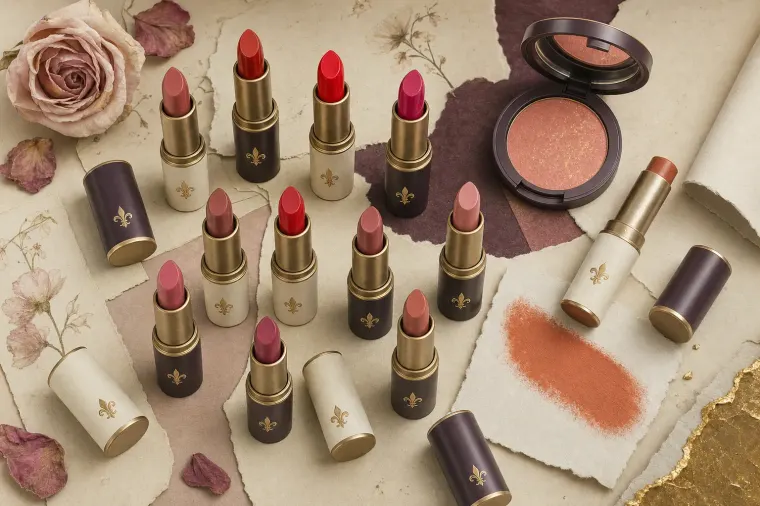 A collage of a dozen unbranded lipsticks in plum and ivory cases with small gold fleur-de-lis emblems, most uncapped to show reds, a fuchsia and soft pinks, beside an open compact of peach blush with a gold shimmer and a burnt-orange colour stick with a blended swatch on a card, on layered parchment with dried rose petals and a torn gold-leaf edge.