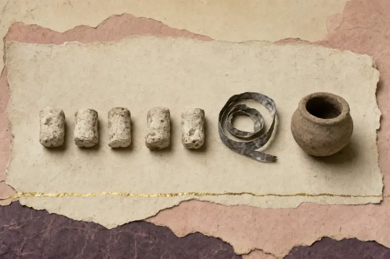 Five small irregular white pellets of compacted lead white laid in a row beside a coiled strip of corroded lead and a small plain Greek pot.