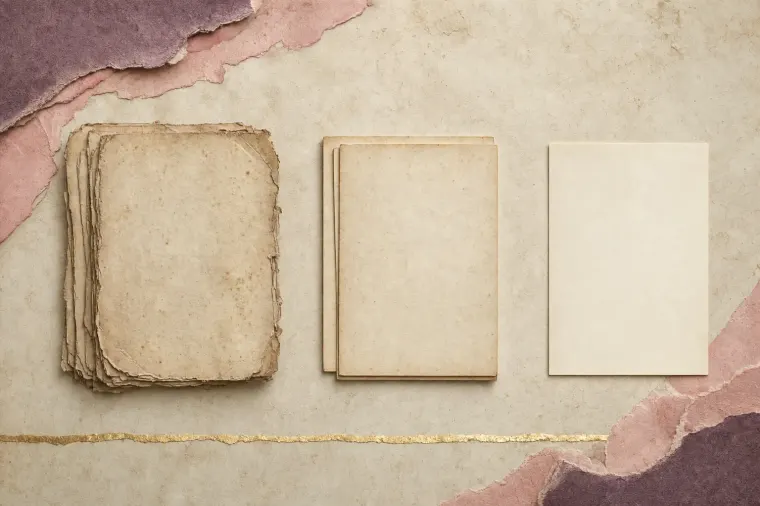 Three stacked bundles of manuscript leaves of very different age and condition, laid in a row from a thick worn stack through a thinner one to a single clean leaf.