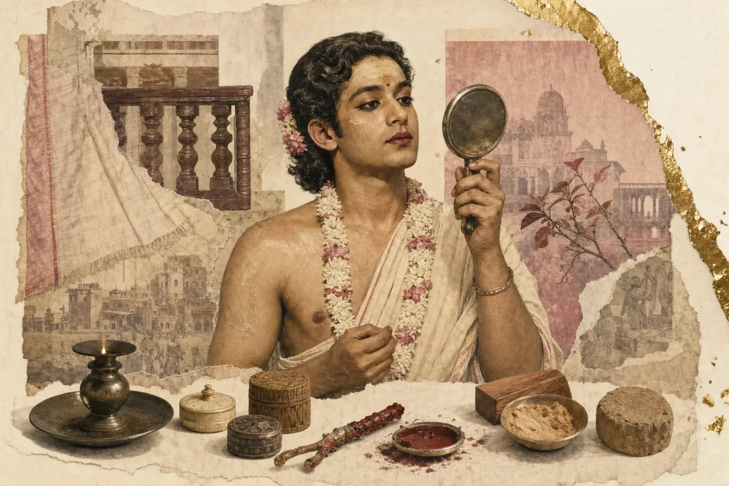 A South Asian woman in draped cotton and heavy gold earrings, her eyes thickly lined in lamp-black, a yellow-and-orange mineral mark on her forehead and her lips stained red with lac resin, beside dried henna leaves.