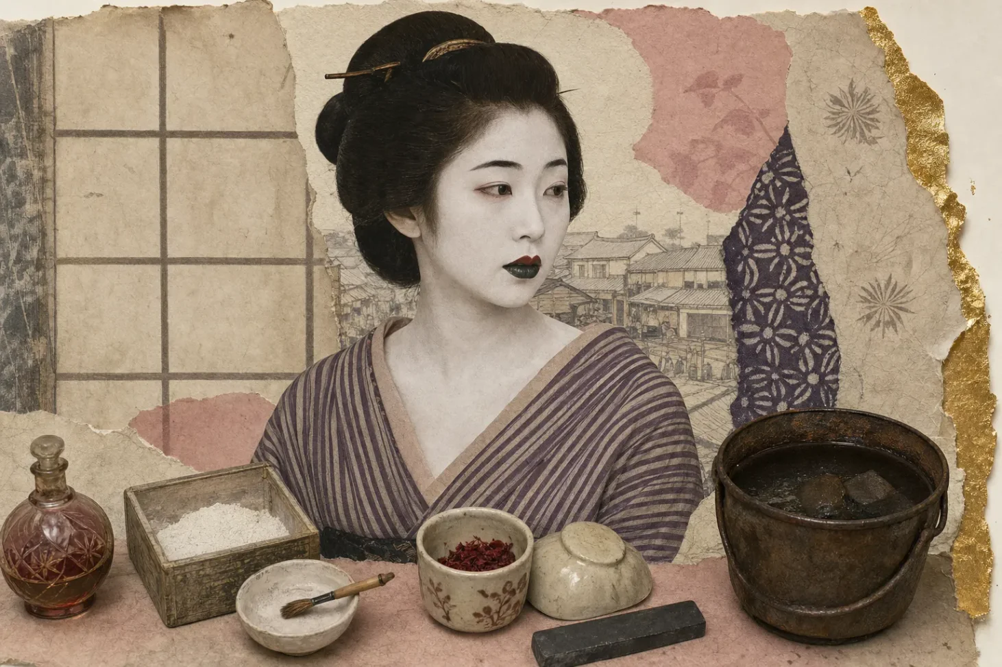 An Edo townswoman in a striped indigo kimono, her teeth blackened and her lower lip built up until it glints green-black, the white powder stopping in a clean edge at her nape, two small glazed colour cups below.
