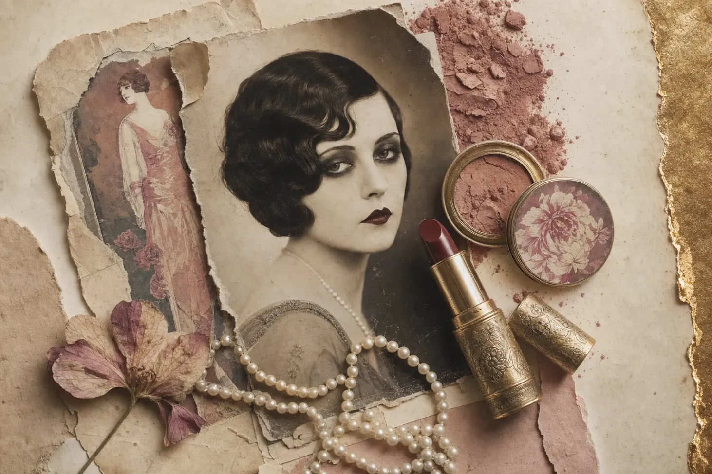 A 1920s collage: a woman with a dark finger-waved bob and deep plum lipstick, beside a torn magazine cover, a gold lipstick tube and a scatter of pressed rouge.