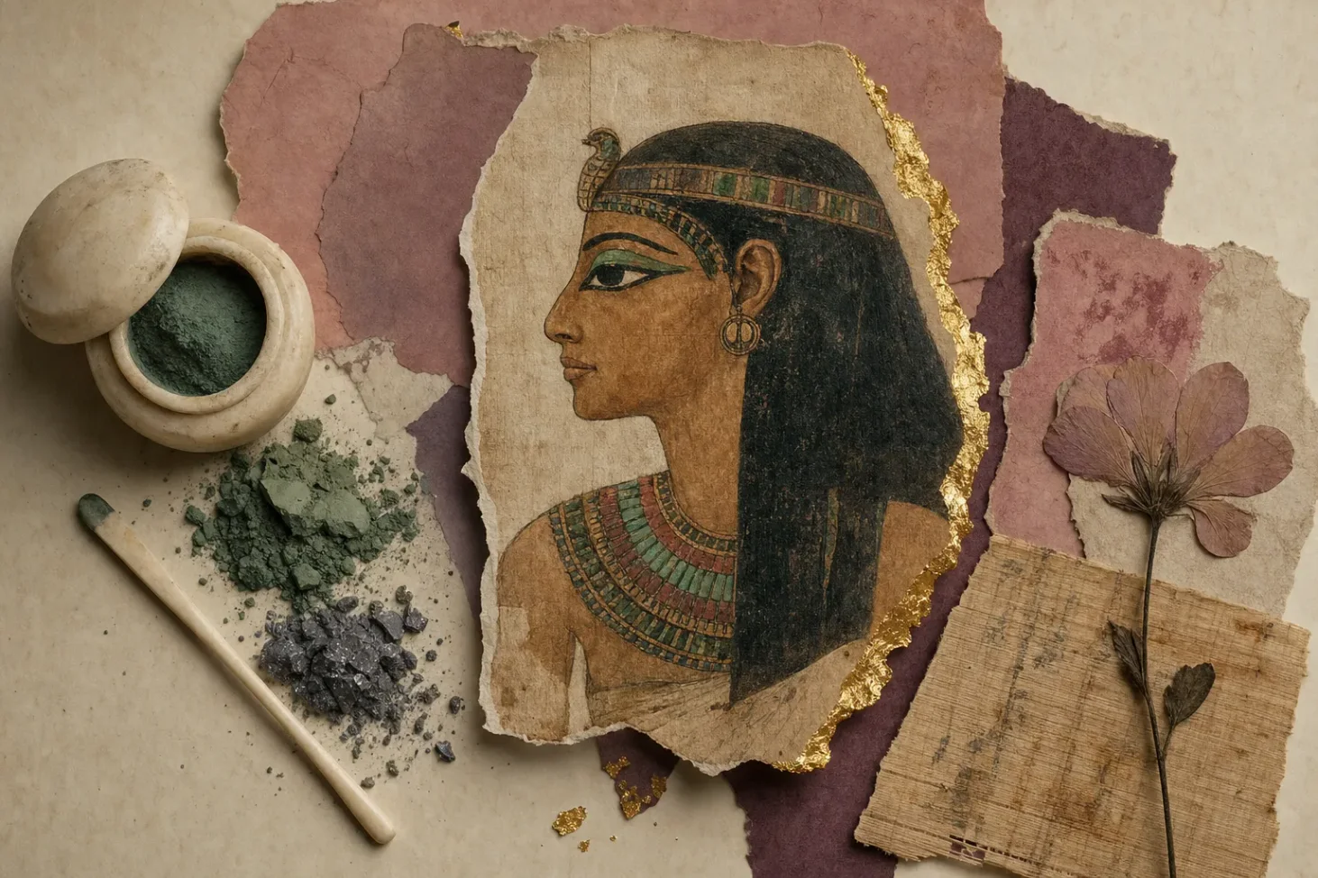 An ancient Egyptian collage: a figure in profile with heavily kohl-lined eyes and a broad beaded collar, surrounded by an alabaster kohl pot, a scatter of green malachite powder and a worn applicator stick on papyrus.