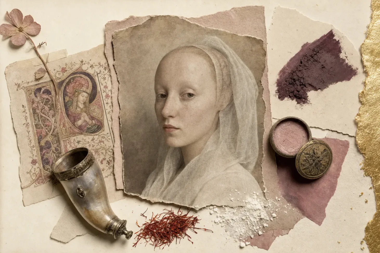 A medieval collage: a woman with a high plucked forehead, pale skin and veiled hair, beside an illuminated manuscript leaf, a small horn vessel and dried saffron threads.